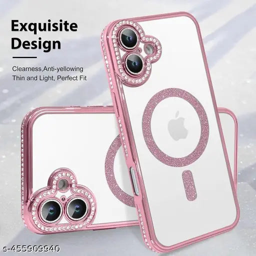 i-phone 16 Clear Magnetic Diamond Glitter Case with Full Camera Protection Rhinestone Luxury Plating Bling Transparent for Magsaf Women Girls Cute Phone Case Cover (Pink)