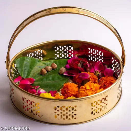 Round Metal Puja Basket with Handle High Quality Metal Gold Finished Flower Basket for Puja Diwali Navratri Festivals Brass & Metal Handicrafts By IBFASAA IMPEX