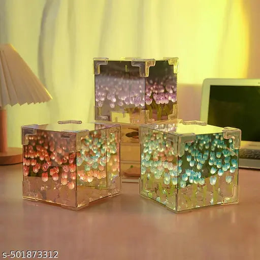 Wishpitara Tulip Cube Mirror Lamp, 20 Flowers LED Decorative Lamp, 2 in 1 Mirror & Table Ornaments for Bedroom Livingroom Desktop Decor Birthday Gift