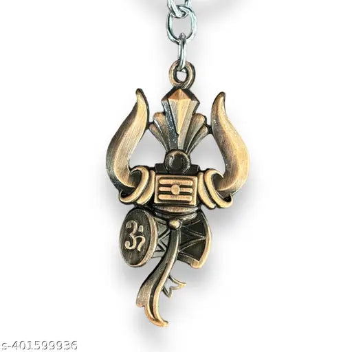 Rockshok Metal Key Chain for Various Uses - Trishool & Damroo Shape Oxidised Golden Color