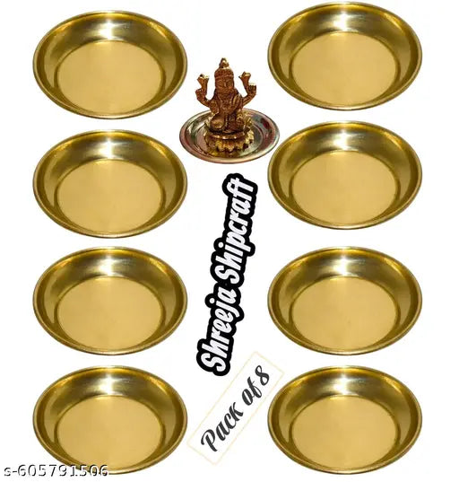 Pure Brass Pooja Plate Pack of 8 | Traditional Small Brass Plates for Temple & Home Use