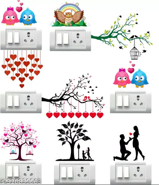 PVC Switch Board | Wall Sticker for Living Room -Bedroom - Office - Home Hall Decor | Beautiful Decorative Birds Wall Sticker size 32.5 cm x 48 cm Pack of 9