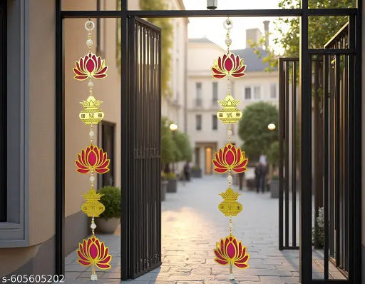 Anekant Designs Golden Pink Lotus Kalash Wall Hanging Toran | Decorative Door Hanging | Diwali Decoration | Navratri Home Decor | Pooja Room Hanging | Vastu Good Luck Gift