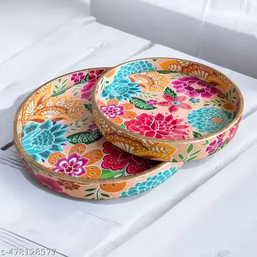 Madarks Floral Bliss Round MDF Decorative Tray Set, 9 and 7 Inch Diameter, 1 Inch Height