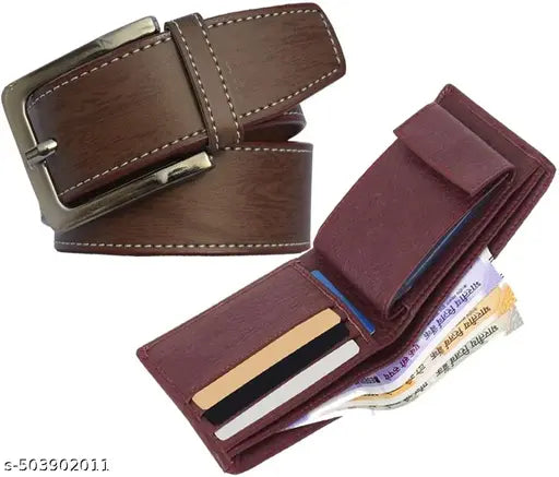 Brown leather belt+ wallet