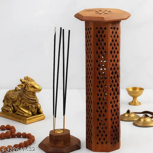 HusNain Sheesham Wooden and Brass Agarbati Holder, Dhoop Agarbatti Stick Wodden Box Holder Stand