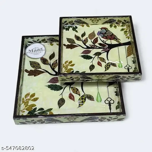 Decorative Wooden Tray Set of 2 | Printed Serving Tray for Kitchen, Dining & Home Decor | Premium MDF Meena Glossy Finish (7 & 9 Inch)