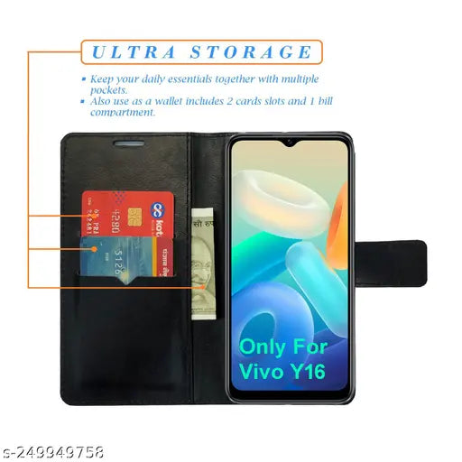 MyFlips Black Tower Flip Cover for Vivo Y16| Leather Finish|Shock Proof|Magnetic Clouser Compatible with Vivo Y16(Black)