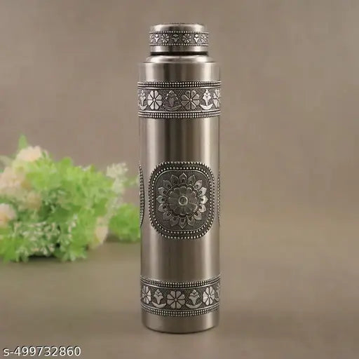 Giftguys Stainless Steel Oxidised Worked Water Bottle 1000 ML | Durable, Leak-Proof, Easy Grip, Rust Free, Easy-to-Clean, Odour-Free Bottle with Secure Cap for School, Travel, Gym & Work (Silver)