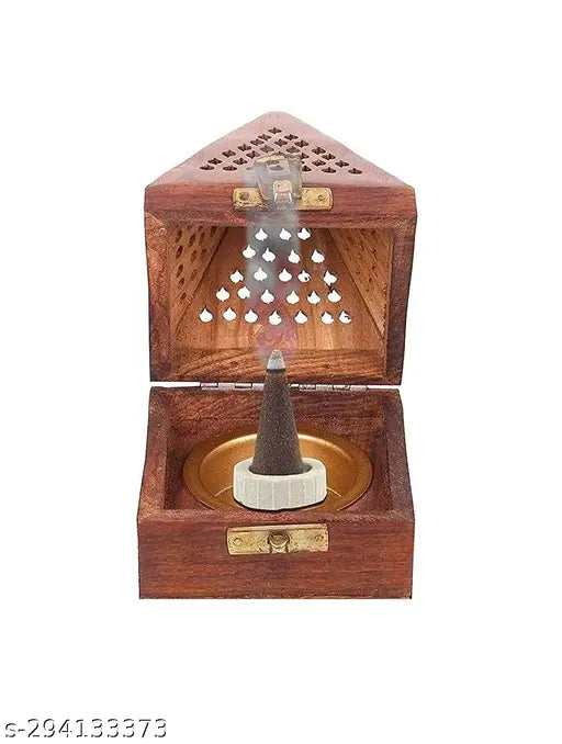 Macklet Dhoop and Loban Burner BoxBakhoor Burner Wooden Incense Sticks Holder Wooden Pyramid Incense Box Ash Catcher Home Fragrance Stand Holder Agarbatti & Dhoop Dan(Box) Brown