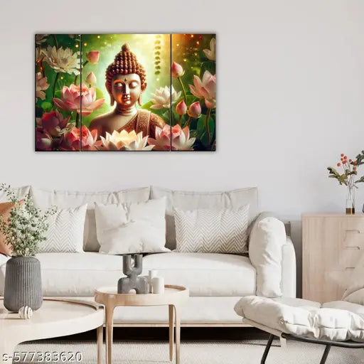 KKArt Set of 3 Lord Buddha Modern art self adeshive Home decorative gift item wall painting for living room , office , hotel MDF framed painting 12 inch X 18 inch(pack of 3 )