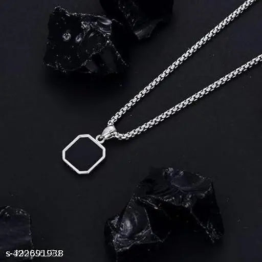 Silver Geometric Octagon  Chain Dripping Glue Black Onyx Stone Pendant Locket Silver Stainless Steel