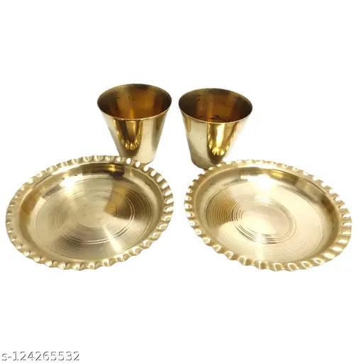 Divine Bazaar Glass and Plate set for Pooja, Brass Plate/Brass Bhog Plate and glass /Bhog Plate and glass ( 2 Plate and 2 glass) ( GOLD)