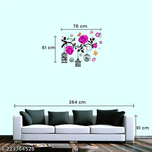 DivineDesigns Pink Rose Flowers with Bird Cages Wall Sticker ( Size :- 30 X 24 inch )