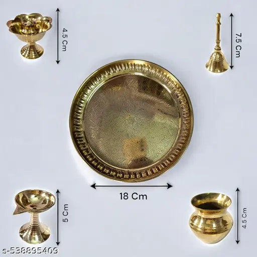 Divine Bazaar Pure Brass Pooja Thali Combo Set – 5 Pcs | 18 cm Thali, Diya, Bell, Kalash & Incense Holder | Traditional Puja Essentials
