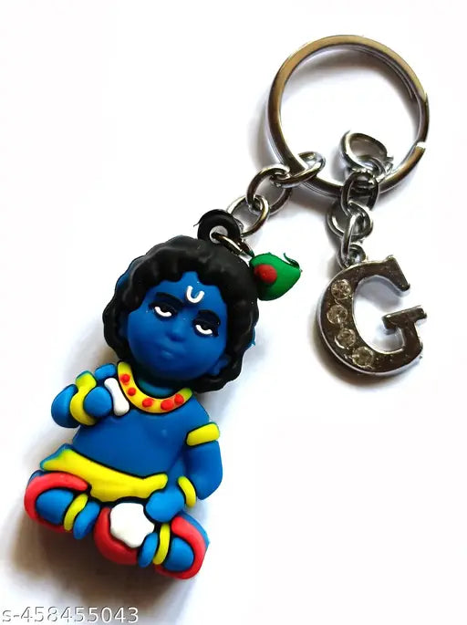 G Letter With Sitting Rubber Krishna  Key Chain