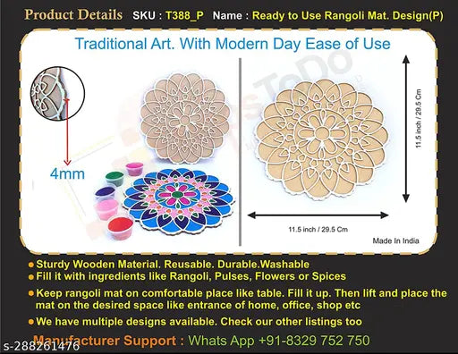 StepsToDo Reusable Rangoli Template Mat. Readymade Rangoli Stencil. Just Fill with Rangoli or Petals. Traditional Design. Modern Day Ease of Use. Washable. Float on Water.  (Design P)