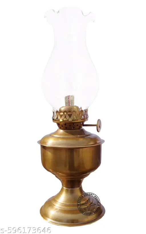 Antique Brass Designer Table Lantern Glass Oil Lamp Oil Chimney Home Decoration 9.5 x 3 Inches, Pack of 1 (KQCA) (Antique)