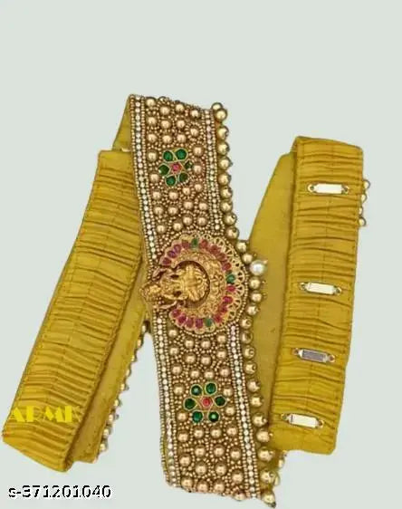 Classy Laxmi Design Cloth Saree Waist Belt Stretchable Embroidery Kamarpatta Golden colour Kamarband Temple Jewellery for Women