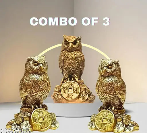 PMR Combo of 3 Feng Shui Owl Statue for  and Wisdom | Golden Owl Showpiece for Home Table Decor or Vastu Purpose