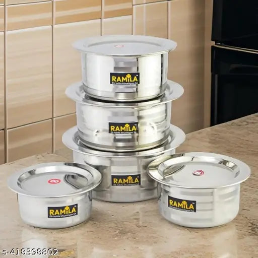Stainless Steel Patila Set With Lid Flat Bottom Induction & Gas Stove Friendly Tope / Patila / Cookware Set (5 Pieces, 2000ml,1500ml,1000ml,750ml,500ml)