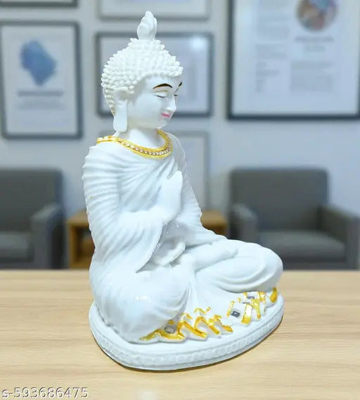 Sigaram 10 Inch White Marble Buddha Idol with Stone Neek For Home Decoretive Showpiece K4771