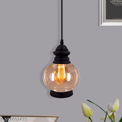 Kalawall Hanging Pendant Light, Black Metal and Glass Shade, Adjustable Cord, Decorative Ceiling Lamp for Living Room, Dining Room, Kitchen, Bedroom, Home Decor, Warm Glow (Amber)