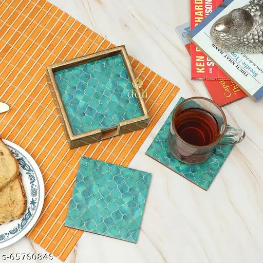 DULI Enamel Coasters for Tea Coffee & Dining Table| Set of 6 Coasters with Stand (TealDrops)