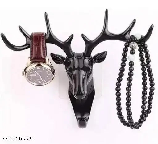 Deer Head Hanging Hook, Self-Adhesive Wall Door Hook Hanger Bag Keys Sticky Holder(Black), Plastic, Pack of 1