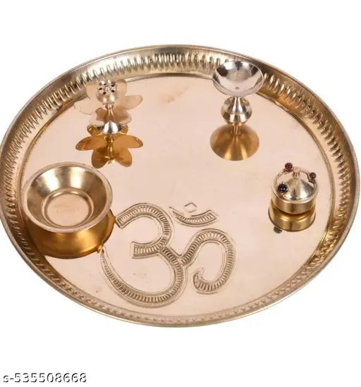 RAINBOW TRADERS Pooja Thali Set Big Size | 8.2 inch Brass Plate for Puja | Golden Thali for Pooja Plate | Puja Ki Thali | Pooja Thali Brass for Home & Festivals