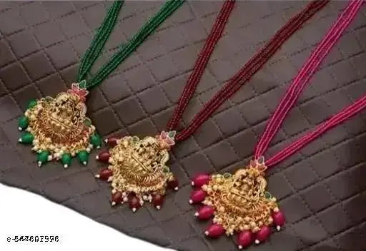 Combo of 3 Long 3 Lines Adjustable Antique Temple Lakshmi Lockets Pendants mangalsutra ki mala Daily Wear Necklace Set for Women and Girls