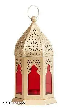 Iron Decorative Moksha Hanging Lantern Tealight Candle Holder (Golden, Red)Morrocan Iron Lantern Tealight Candle Holder with Red Colour Glass for Home Decor