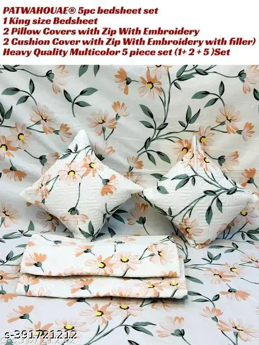 PATWAHOUSE®  5pc bedsheet set (1 King size Bedsheet 90'' X 100'' Inch + 2 Pillow Covers 17'' X 27'' Inch with Embroidery+ 2 Cushion Cover 12'' X 12'' Inch with Embroidery with filler) Heavy Quality Multicolor 5 piece set
