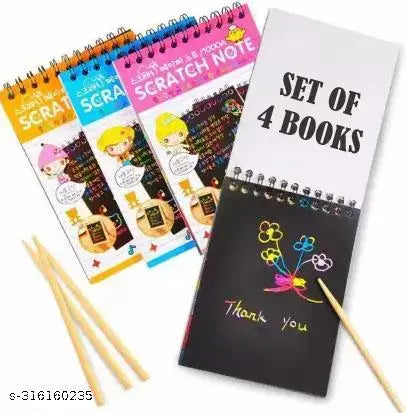 NIARA ENTERPRISES Small Scratch book Drawing Painting Sketching Rainbow Magic Paper Kid Multicolor Sketch Pad  , 40 Sheets, 4 Wooden Stylus Stick  (Pack of 4)