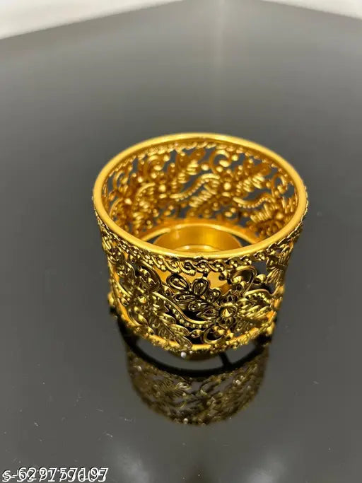 Golden Metal Filigree Votive T-Light Candle Holder | Intricate Floral Design Decorative Table Accent | Gifting/Home Decor