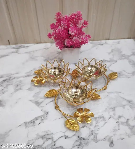 Brass Crystals Diya Tree 3 Aarti Akhand Diya Deepak, Oil lamp Table Diya Set for Lakshmi Puja, Home Decor, Mandir, Festival Gift | Height: 8 inches | (Piece 1) Golden Colour