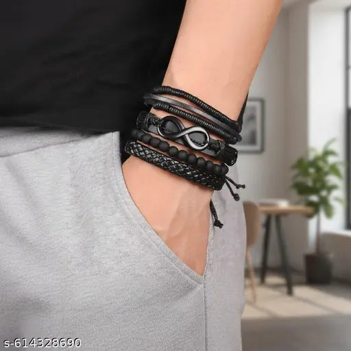 Premium Classical Vibe Men's Infinity Leather Bracelet Set | (4-in-1 Multilayer) Black Beaded & Braided Wristband Combo for Boys & Men | Stylish Biker Accessory
