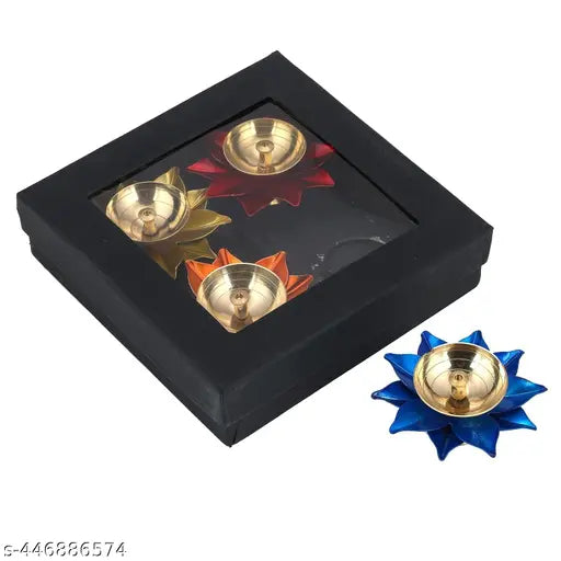 Srajan Lotus Diya Small Pack of 4 - 3 Inch Handcrafted Brass Oil Lamps for Spiritual & Decorative Use