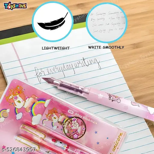 Kawaii Fountain Pen for Students, Unicorn Fountain Pen Set for School & Office, Kawaii Stationary Gift for Kids ,Quick Sand Fountain Pen Set(2 Pens, 4 Refills and 1 Bookmark)- Multi