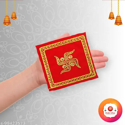 Bhakti Lehar ( 5 X 5  Inch) Small Size Embroidered Swastik Design Red Velvet Chowki Aasan Cloth for Home Mandir, Temple and God Idol Sitting - Pack of 8