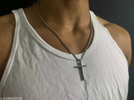 Cross Pendant Necklace for Men Women Stainless Steel Necklace Snake Chain 22 in (Silver Tone)