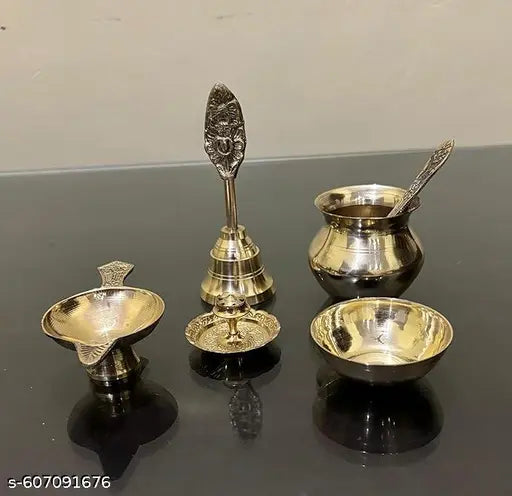 Brass Pooja Thali Set with Bell, Bowls and Spoon, Traditional Hindu Worship Plate, Gold Finish