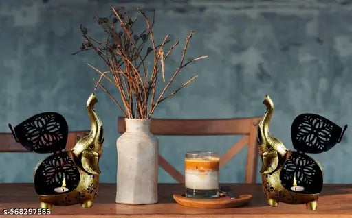 RS GLAM Metal Tea Light Candle Holder for Home Décor Elephant Design (Pack of 2)