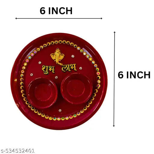 Size 6 Inch Subh Labh Pooja Small Thali For Rakhi Puja Thali Decorative Stainless Steel Hand Paint Ganesha Pooja Aarti Thali Set with Haldi Kumkum Holder or Rolli Chawal Plate Rakshabandhan Festival Pooja Thali  With Free One Rudraksh Rakhi Small Pooja Th