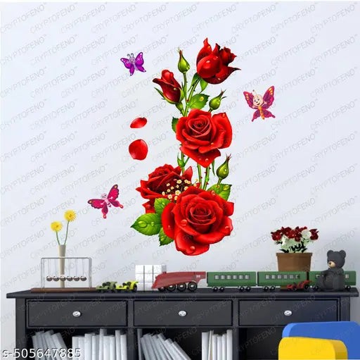 Red Rose Flower - Valentine florals - Self Adhesive Wall Sticker ( Packed Of 1 )