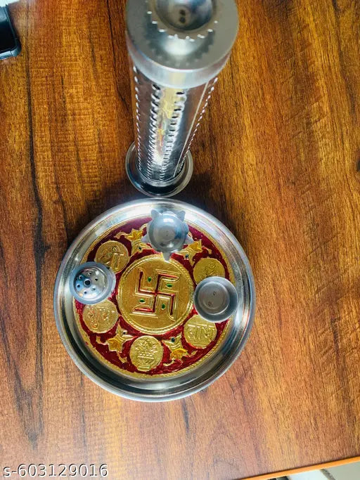 Stainless Steel Pooja Thali Set with Spoon, Diya & Kumkum Holder – Traditional Aarti Plate for Daily Worship & Festivals