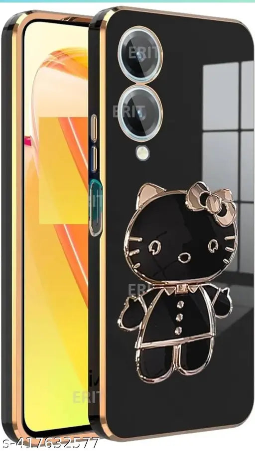 Star Creature C,at Back Cases and Covers Compatible for 'Vivo' Y28 5G Kitty C,at Back Cover Case with Stand and Mirror | Anti-Slip | Folding Stand (Black)