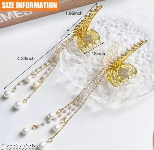 Dazzle Pearl Tassel Butterfly Style Hair Claw Clip Metal Clutcher Claw Clamps Korean Style Wedding Hair Accessories For Girls And Woman (Pack of 1)