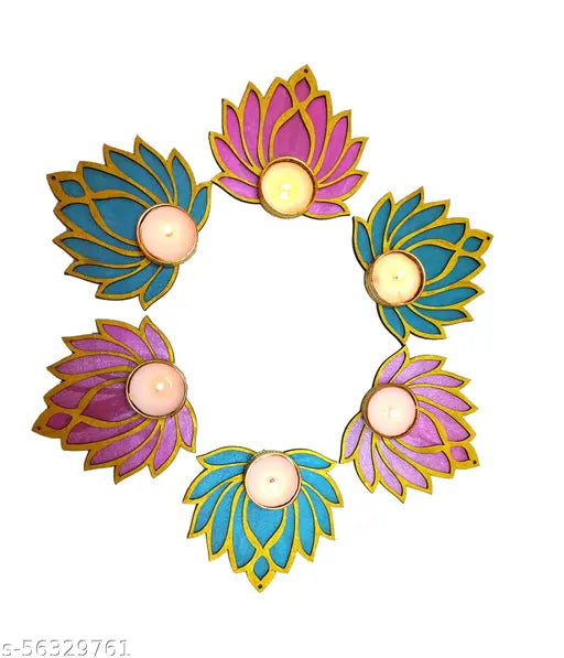 Set of 12 Golden Lotus Wooden Cutout | Rose Pink (6) Ocean Blue (6) | Lotus DIY Rangoli Kit | Decoration for Diwali, Dashera | For Rangoli, Pooja, Decorations, Festival Gift, Wedding Decorations