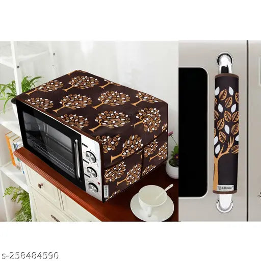 E-Retailer® Exclusive Polyester Combo Set of Appliance Cover (1 Pc. of Microwave Oven Top Cover and 1 Pc Handle Cover ) (Color-Brown, Design-Tree, Set Contains-2 Pcs.)